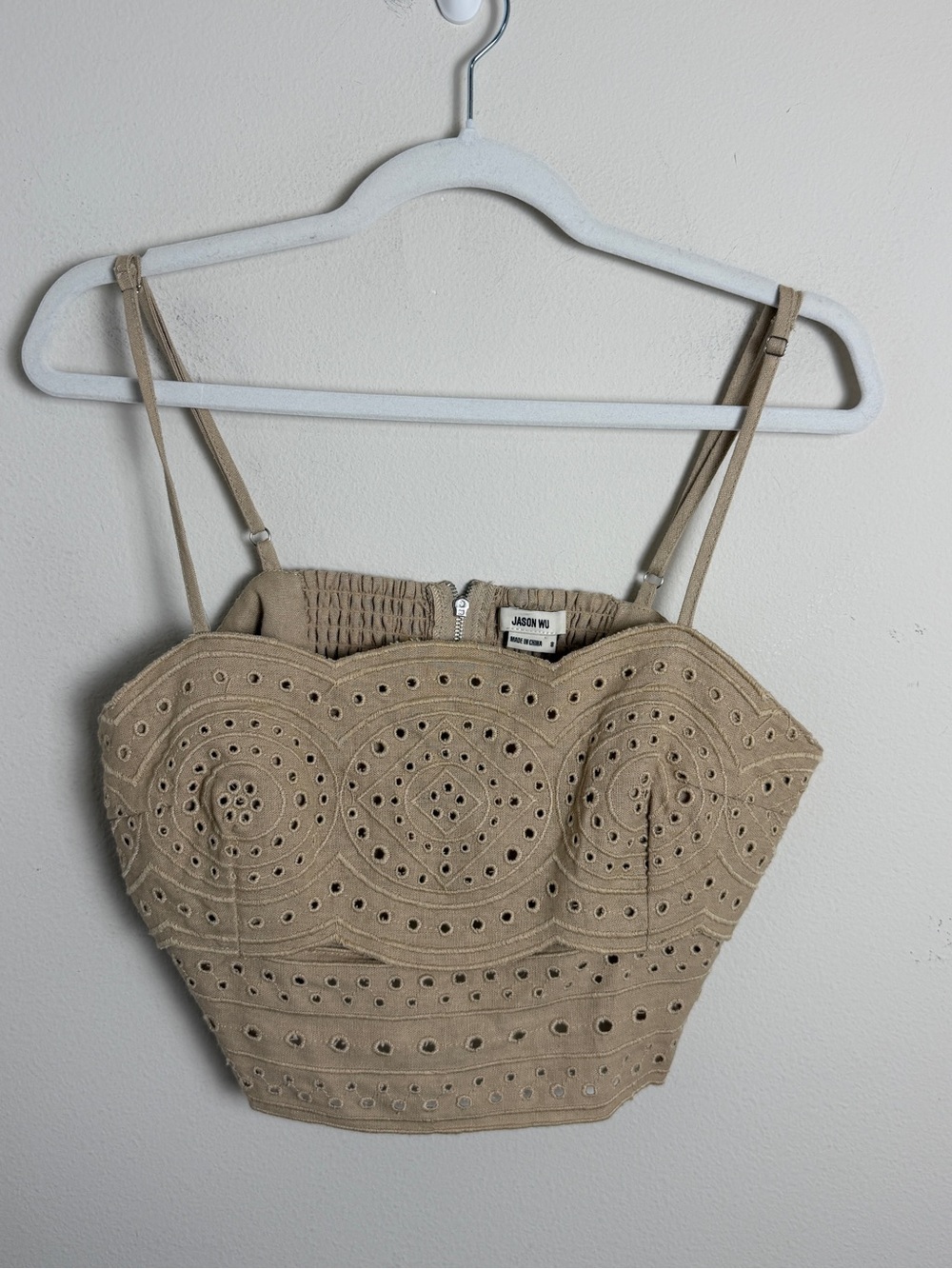 Jason Wu Tan Linen Blend Eyelet Crop Top Size 8 Summer Vacation Beach Resortwear